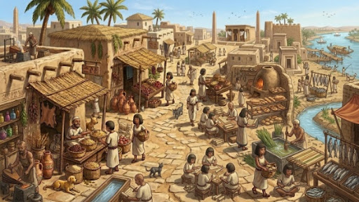 Bustling ancient Egyptian marketplace
