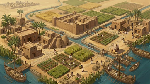 Riverside settlement with farms and canals
